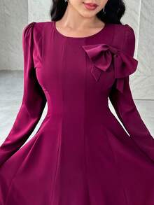 Feyla Plus Size Women's Solid Color Round Neck Long Sleeve Bow Decor Elegant Dress - Burgundy - View 1
