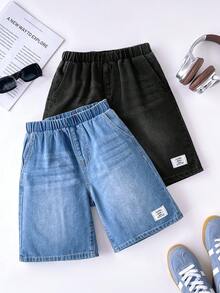 SHEIN Little Byeori Tween Jungen Mode Homecoming Streetwear Mix und Match vielseitiges Design Y2K Vintage Cool Straße 2 Stücke Set Y2K Patch Details und Kordelzug elastischer Bund Design bequem weich blaue schwarze Denim lose gerade Bein Denim Jungen Shorts für Kinderkleidung Jungen weiche Alltagskleidung und Kinder Sommer- und Frühlingskleidung, Schule, Campus, College - Verschiedenfarbig - Übersicht 2