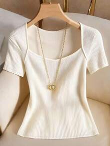 Franclia Women's Solid Color Square Neck Ribbed Short Sleeve T-Shirt - White - View 1