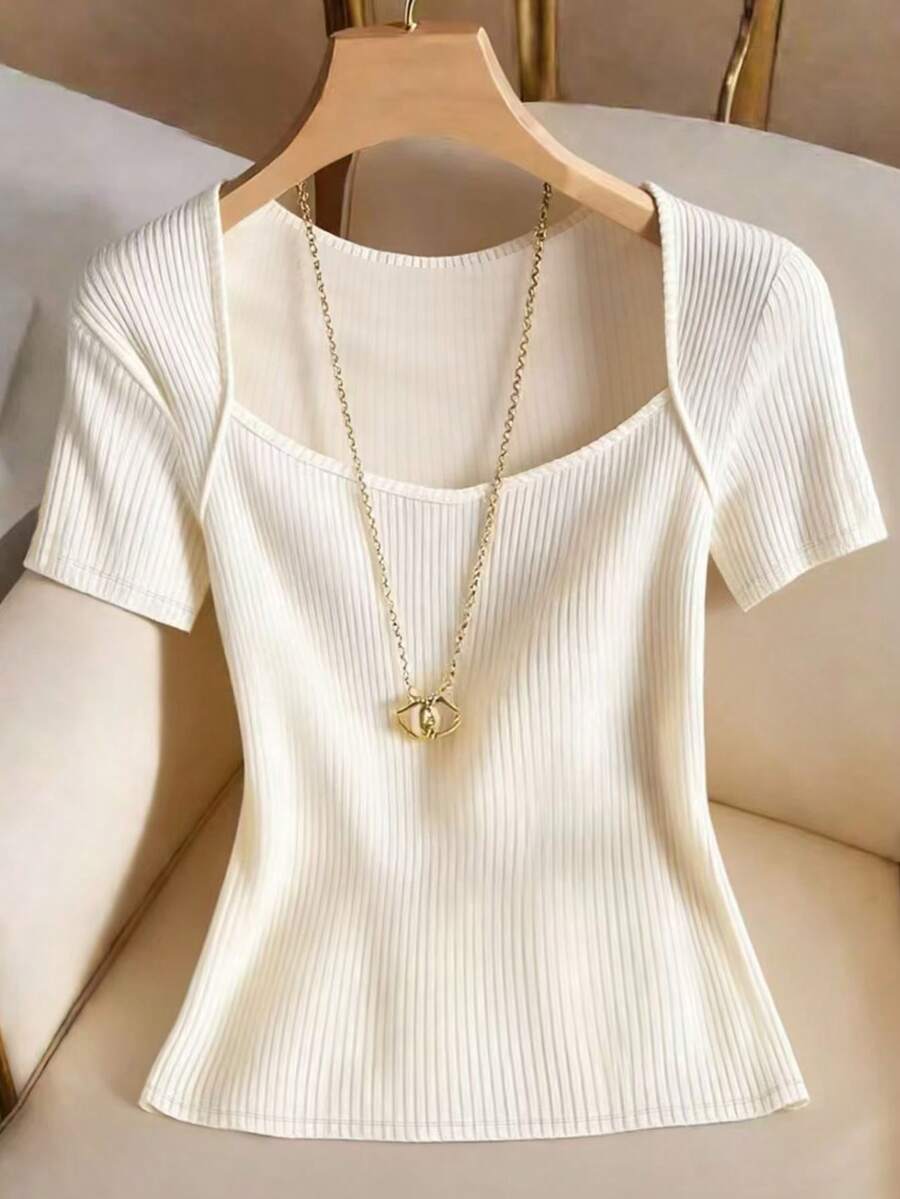 Franclia Women's Solid Color Square Neck Ribbed Short Sleeve T-Shirt - White - View 1