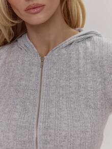 MUSERA Zip Through Fitted Soft Rib Hooded Top Cute Girly Sexy Spring  Going Out Daily Sugar Swizzle Summer - Grey - View 6