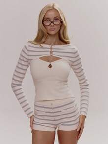 MUSERA Stripe Layered Knit Longsleeve Shrug Top With Keyhole Cutout Cami Coord Top Only Cute Girly Sexy Spring Winter Going Out Daily Easter Sugar Swizzle - Multicolor - View 1