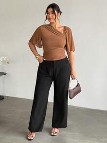 Firerie Plus Size Women Summer Minimalist Ruched Asymmetrical Shoulder Tight Top - Brown - View 7