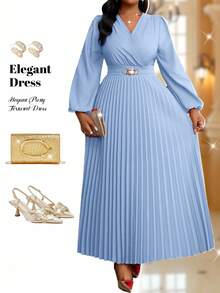 Fleurora 大码纯色褶皱连衣裙，时尚夏季教堂礼服，适合女性节日穿着 - 藍色 - 查看 1