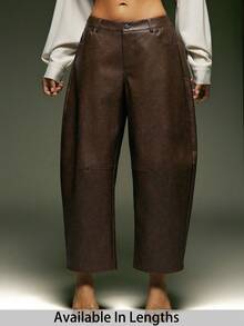 SHEIN Tall CURVE 大码女式时尚PU弯曲裤棕色皮裤女式皮裤，棕色裤子，休闲女式，优雅，毕业典礼 - 棕色 - 查看 3