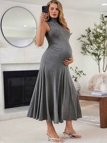 SHEIN Vestido casual de uso diario para salidas y reuniones, de unicolor y cuello alto, para embarazadas - Gris - Ver 4