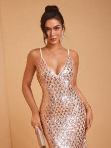 JIAN LASALA V Neck Spaghetti Straps Patterned Sequin Mesh Mermaid Hem Party Dress Women Short Sexy Dress Black Sequin Midi Dress Sparkly Cocktail Dress Glitter Dress Sleeveless Midi Dress Black Sequin Dress Sparkly Dress Midi Cocktail Dress Sequin Dress Luxury Stylish Clothing Collection Elegant - Khaki - View 8