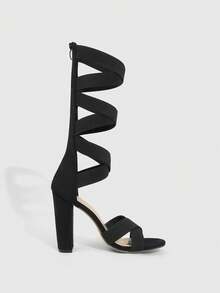 CUCCOO SZL Black Suede Chunky High Heel Sandals, Criss-Cross Strap Design With Side Zipper, Chic & Stylish For Commute And Date Valentine's Day - Black - View 4