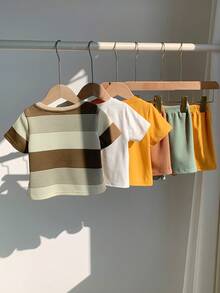 SHEIN 6件套男女宝宝休闲可爱夏季针织狮子卡通印花短袖T恤和松紧腰短裤套装，基础款多件套 - 彩色 - 查看 2