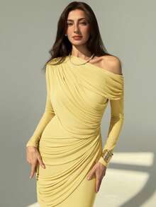 Aloruh Elegant Solid Color One Shoulder Ruched Dress, Casual & Party Wear - Yellow - View 5