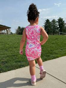 少女休闲运动风针织圆领爱心印花无袖连衣裙，春夏款 - 粉色 - 查看 2