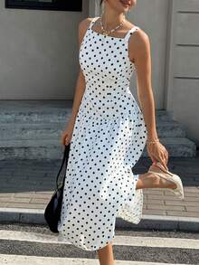 Cévolie 女士时尚休闲波点印花无袖连衣裙 - 黑與白 - 查看 4