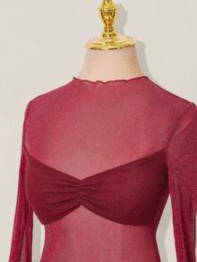 SHEIN ICON 亮面网纱拼接透视褶皱长袖迷你连衣裙 - 紅色 - 查看 4