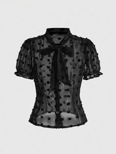ROMWE Goth Vintage Elegant Chiffon Sheer Polka Dot Cutout Bow Design Women Short Sleeve Blouse