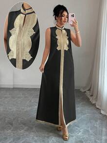 Rafferiza 中东风格女式金色镶边无袖开衩连衣裙 - 黑色 - 查看 5