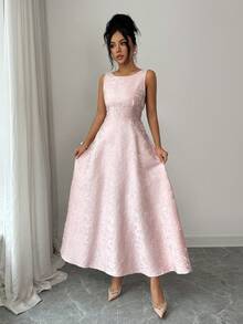 SHEIN Elenzya Women's Jacquard Fabric Backless Design Waist Cinched A-Line Elegant Everyday/Vacation/Commute Fashion Valentine's Day Date French Street Vintage Versatile Early Spring/Spring-Summer Sleeveless Light Pink New Mid-Length Dress - Pink - View 6