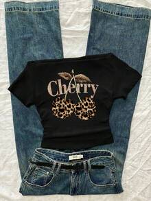 Tseoso Y2K 女款黑色露肩短袖T恤，饰有豹纹樱桃图案，西部风情节日款，褶皱腰身修身剪裁，适合春夏穿着，可用于上学、街头、Grunge、朋克、嘻哈、演唱会、派对等场合，也可全年叠穿。复古十字印花哥特风夜店风，Z世代必备。 - 黑色 - 查看 5