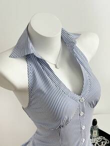 Elamini Blusa de mujer con cuello con volantes, diseño creativo - Azul - Ver 6