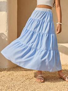 Tween Girls' Vacation Style Casual Loose Flared Multi-Layer Patchwork Blue Striped Skirt - Blue - View 1