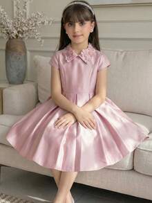 SHEIN Tween Girl Casual Elegant 3D Floral Collar Waist Cinched Dress, Princess Dress, Pink Party Dress Suitable For Party, Wedding, Holiday, Pink Dress, Wedding Season, Birthday Party, Valentine's Day, Pink Flower Collar Dress, Pink Puffy Dress Girls, Pink Formal Dress For Kids, Elegant Pink Dress Kids, Girls Collared Dress - Pink - View 1