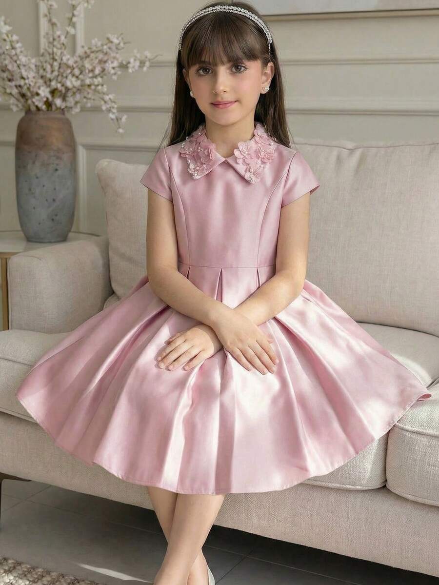 SHEIN Tween Girl Casual Elegant 3D Floral Collar Waist Cinched Dress, Princess Dress, Pink Party Dress Suitable For Party, Wedding, Holiday, Pink Dress, Wedding Season, Birthday Party, Valentine's Day, Pink Flower Collar Dress, Pink Puffy Dress Girls, Pink Formal Dress For Kids, Elegant Pink Dress Kids, Girls Collared Dress - Pink - View 1