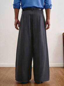 TOKVUE Pantalones casuales de rayas de pierna ancha para hombre, pantalones casuales rectos y sueltos con bolsillos, pantalones holgados grises, pantalones de diseñador, pantalones de cintura alta de pierna ancha, pantalones grises de vestir, pantalones grises - Gris Oscuro - Ver 2