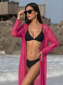 Swim Vcay Áo khoác kimono dài màu trơn dành cho nữ, thích hợp cho kỳ nghỉ biển. - Màu Đỏ Sâu - Xem 1