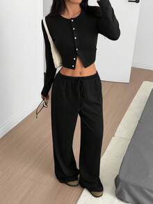 SHEIN EZwear 女士纯黑色针织休闲长袖上衣和裤子家居服套装 - 黑色 - 查看 6