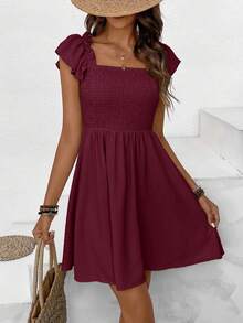 SHEIN Frenchy Đầm chữ A cổ vuông màu trơn, dáng suông, ôm eo, bán chạy nhất - Màu Đỏ Sâu - Xem 6