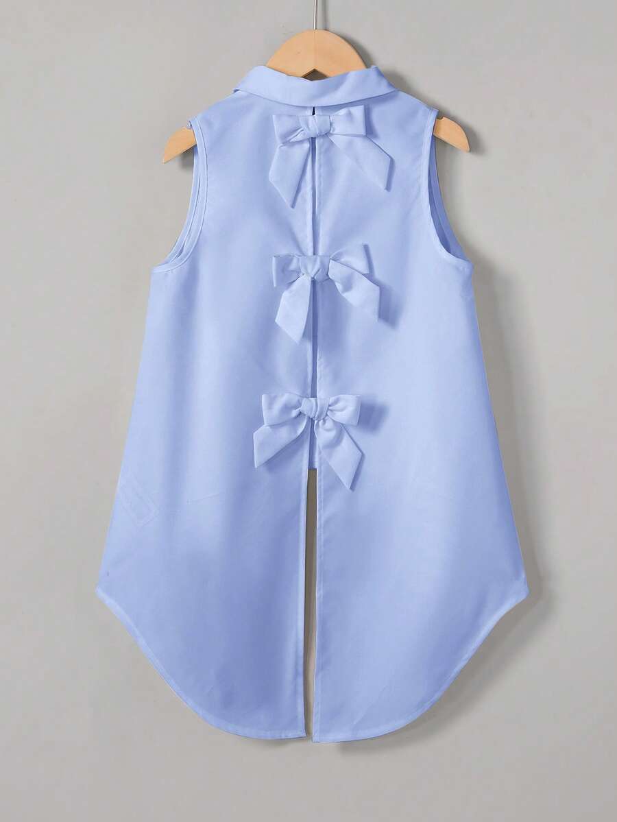 SHEIN Essnce 女士休闲纯色通勤度假无袖春夏后开衩蝴蝶结宽松衬衫工作衬衫 - 藍色 - 查看 1