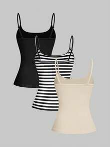 SHEIN Essnce 女士三件套休闲吊带背心套装，黑色条纹混色休闲女式上衣，修身吊带背心，夏季上衣，夏季服装，女士上衣，夏季女士上衣，三件套修身休闲纯色上衣 - 杏色 - 查看 2