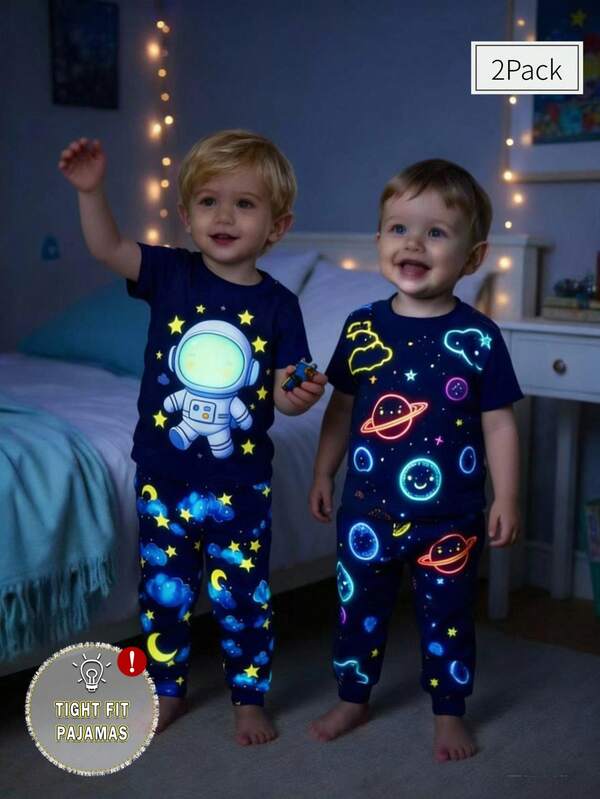 4pcs Baby Boy Snug Fit Sleepwear Set, Glow-In-The-Dark Astronaut & Cartoon Space Star Print Long Sleeve Top And Pants, Comfortable Loungewear. This Product Requires UV Light Exposure To Glow.