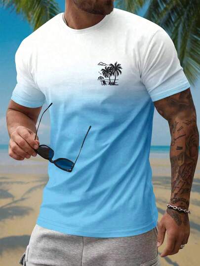 Manfinity RSRT Men Palm Tree Printed Short Sleeve Casual Vacation T-Shirt, For Going Out, For Husband Beach Wear Men Beach Tshirt For Men Men S Casual Graphic Letter Print Short Sleeve T Shirt White And Light Blue Graphic Tee Men Men Summer T Shirt Manfinity Hupemode Men Summer Casual Color Block Letter Print Short Sleeve T Shirt