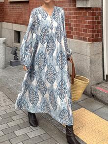 FRIFUL 女士全印花腰部拼接褶皱宽松休闲百搭春季长款睡袍 - 藍色 - 查看 4