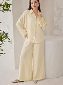 2件套女士简约通勤纯色纽扣衬衫和裤子套装，秋季 - 黃色 - 查看 3