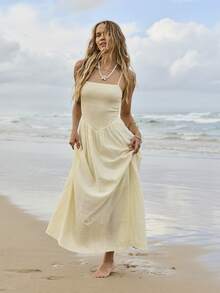 Aralina 收腰飘逸格纹长裙 - 淡黃色 - 查看 9