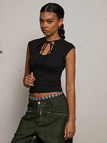 COUREZ 短袖前开衩针织上衣 / Y2K 春季女装 可爱性感黑色上衣 外出派对上衣 锐舞上衣 夏季穿搭 夏季女装 - 黑色 - 查看 4