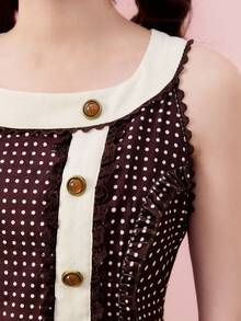 ROMWE Kawaii 复古甜心提拉米苏波点蝴蝶结无袖迷你连衣裙 - 咖啡棕 - 查看 4