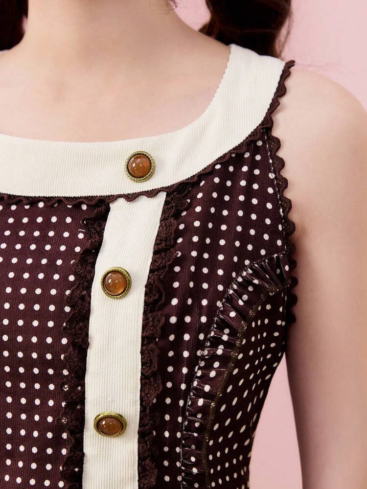 ROMWE Kawaii Váy ngắn không tay chấm bi Tiramisu ngọt ngào cổ điển - Cà phê nâu - Xem 4