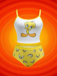 LOONEY TUNES X SHEIN Plus Size Women Cute Cartoon Pattern Contrast Binding Cami Top & Briefs Set - White - View 1