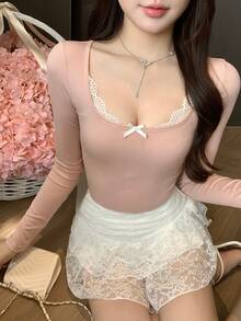 DAZY 女士蕾丝拼接豹纹长袖修身T恤 - 粉色 - 查看 3