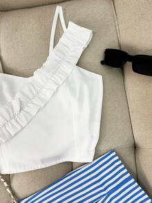 GlowEve Petite 女士撞色单肩上衣和蓝白短裤两件套，休闲度假装，春夏款 - 彩色 - 查看 4