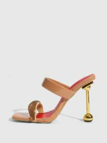 CUCCOO SZL Women's High Heel Sandals, Square Toe, Rhinestone Embellished, Asymmetric Heel, Suitable For Summer, Nightclub, Party, Runway - Apricot - View 5