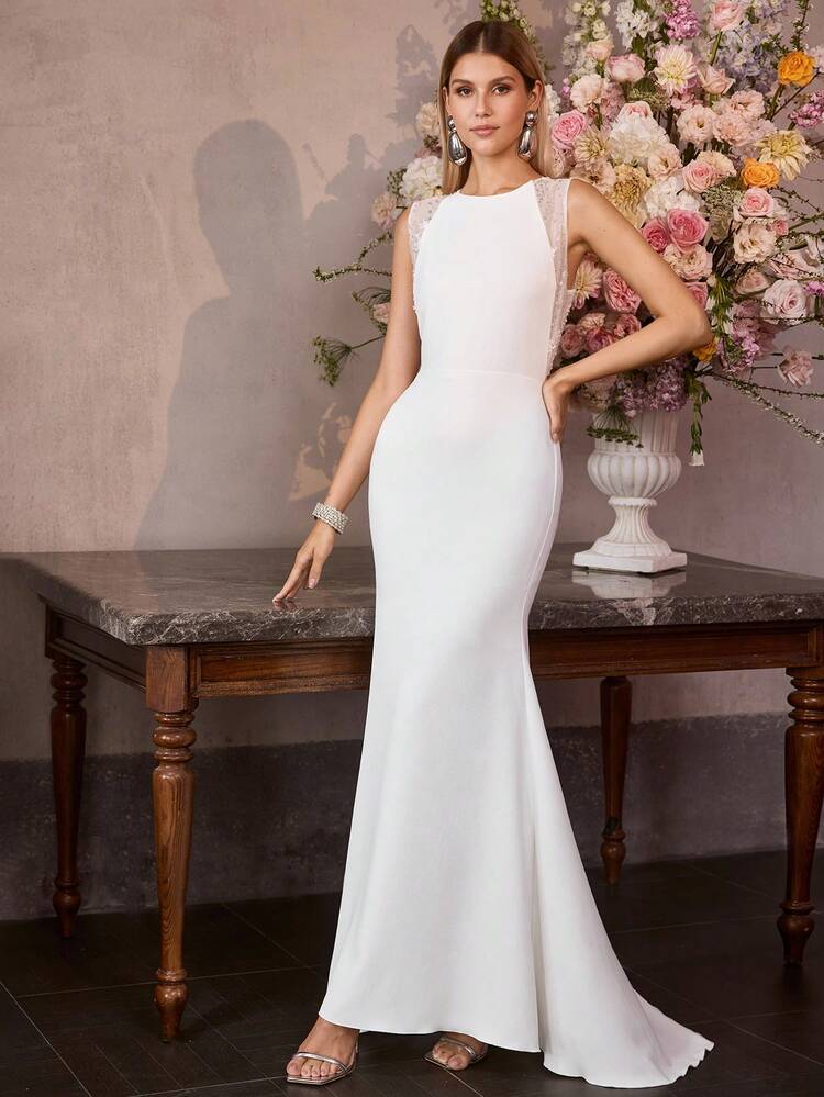 MOTF Soiréza VESTIDO DE RENDA ELEGANTE COM CONTRASTE E COSTAS ABERTAS, PRIMAVERA/VERÃO - Branco - Visão 3