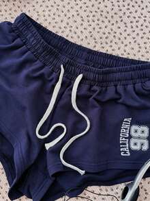 SHEIN 少女款藏蓝色针织抽绳休闲短款上衣，饰有刺绣数字图案 - 寶藍色 - 查看 3