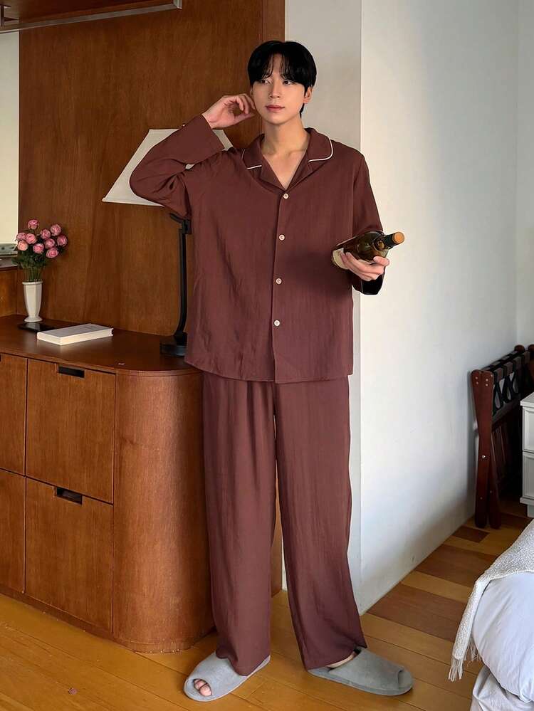Burgundy Long Sleeve Shirt And Pants Men's Pajama Set, Spring/Summer