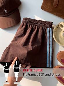 SHEIN PETITE CURVE 女士休闲弹力腰条纹舒适百搭短裤，夏季 - 棕色 - 查看 1