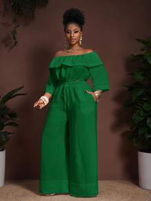 Veslaya 2025新款春夏沙滩/户外休闲/音乐节/复古西式度假/休闲度假/旅游/城市度假宽松白色竹纤维露肩荷叶边半袖短款上衣，配有松紧腰带抽绳和口袋，搭配阔腿裤两件套 - 綠色 - 查看 5