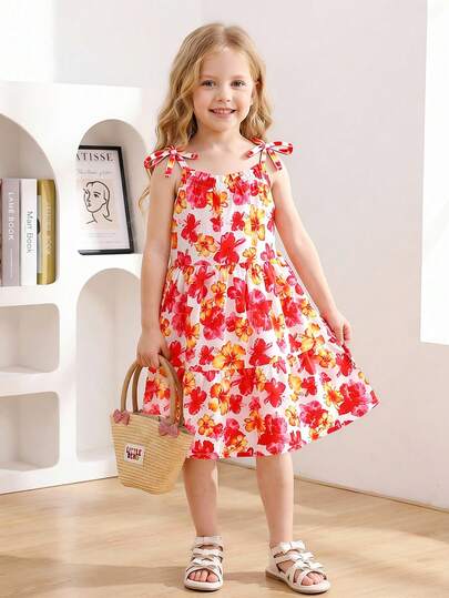 Young Girl Tropical Vacation Ruffle Hem Bow Decor Dress, Summer, Travel Vacation Beach Dress