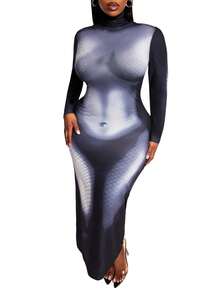 SHEIN SXY 大码时尚性感印花高领修身长裙 - 彩色 - 查看 3